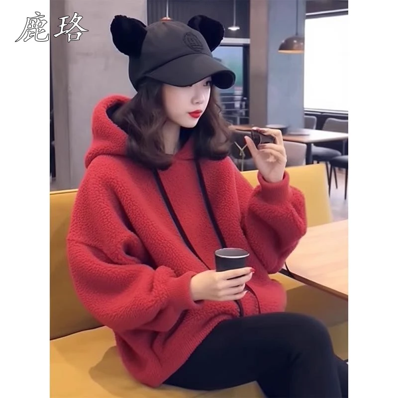 红色连帽洋气的卫衣女2025新款爆款冬季新年圣诞氛围感毛茸茸上衣