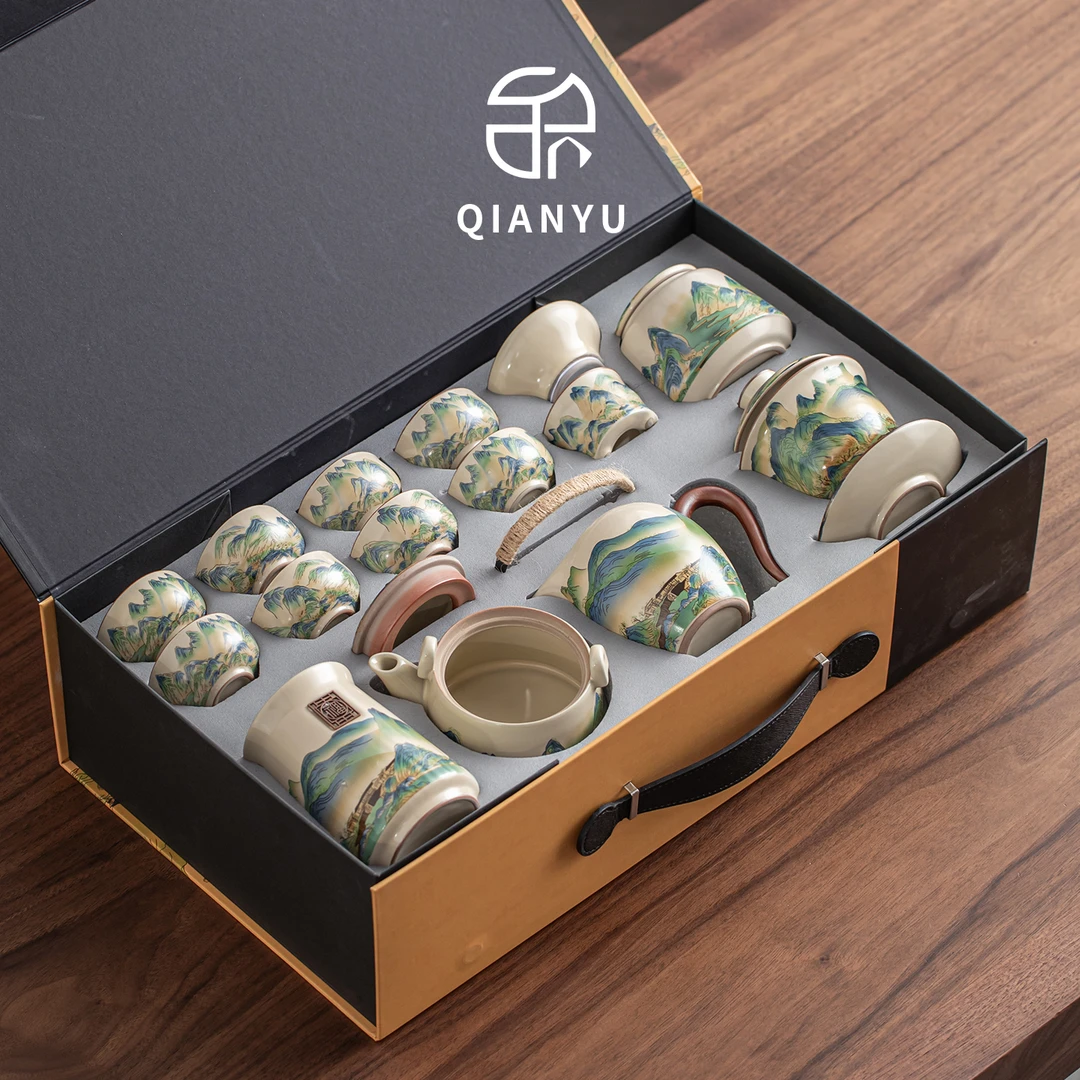 汝窑千里江山功夫茶具套装高档伴手礼汝瓷泡茶办公室茶壶茶杯茶盘