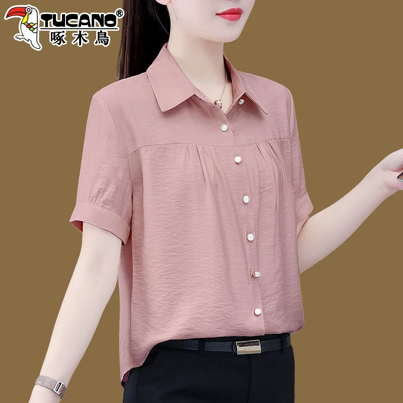 啄木鸟短袖女士衬衫夏季2025新款别致漂亮雪纺衫宽松洋气妈妈上衣