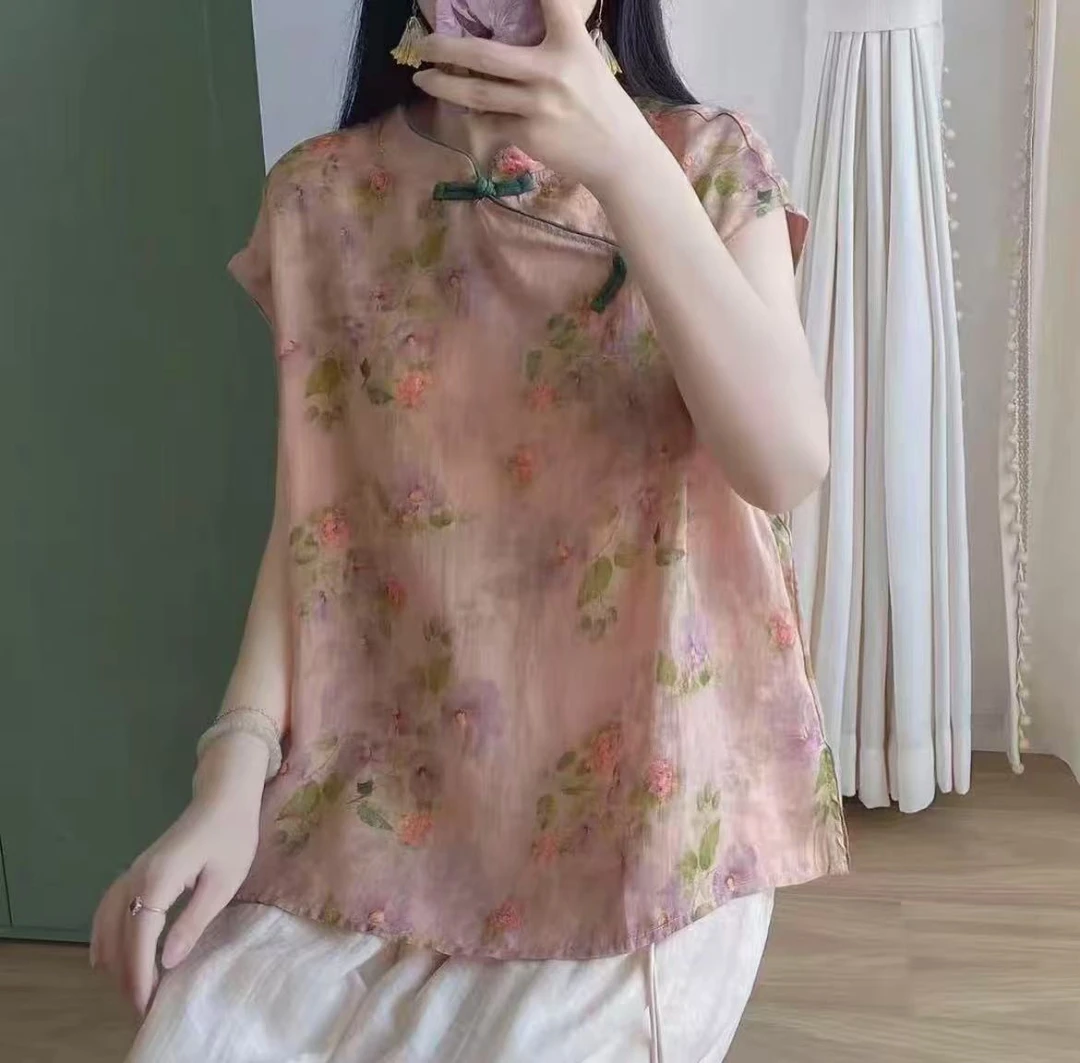 新中式纯印花无袖衬衫女夏宽松斜襟撞色盘扣改良旗袍短款上衣