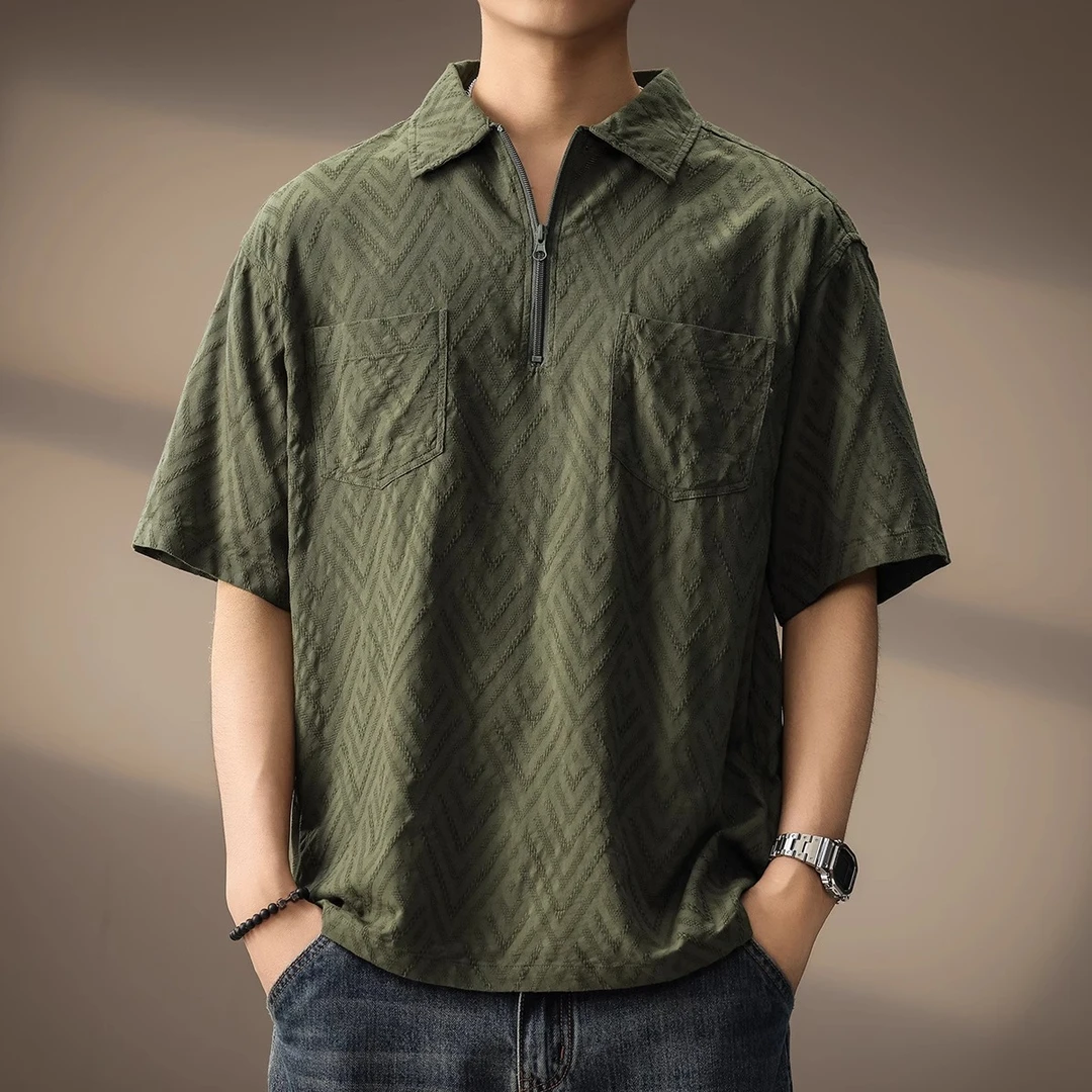 高端复古菱形格肌理短袖Polo衫男士夏季新款纯棉宽松轻奢T恤男装