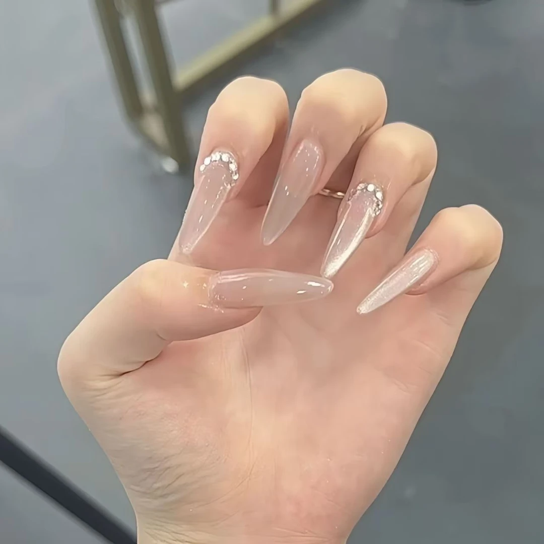纯手工美甲穿戴晶石温柔简约裸色法式猫眼甲中长款显白简约美甲贴