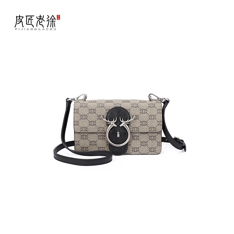 【老徐-19805】时尚休闲百搭双鹿头印花风琴单肩斜跨包