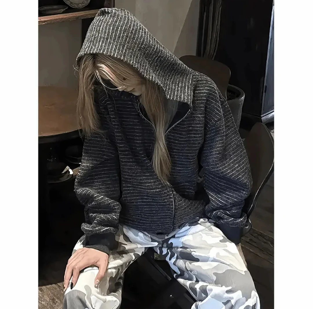 条纹拉链常规秋冬长袖连帽卫衣设计感宽松慵懒风小众