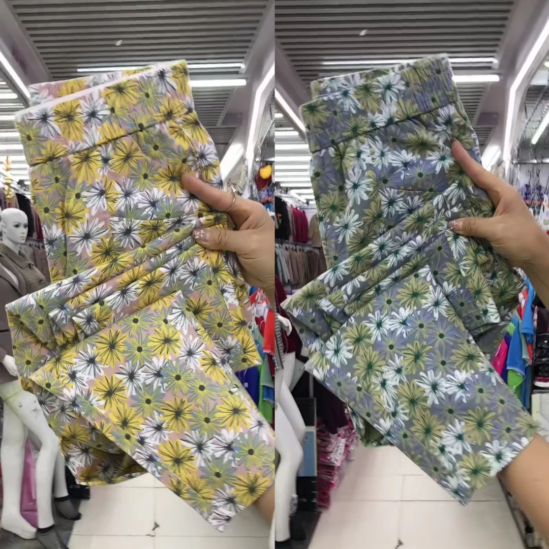 6903夏天新款麻料小花裤中老年女裤松紧腰高腰碎花薄款舒适弹力裤