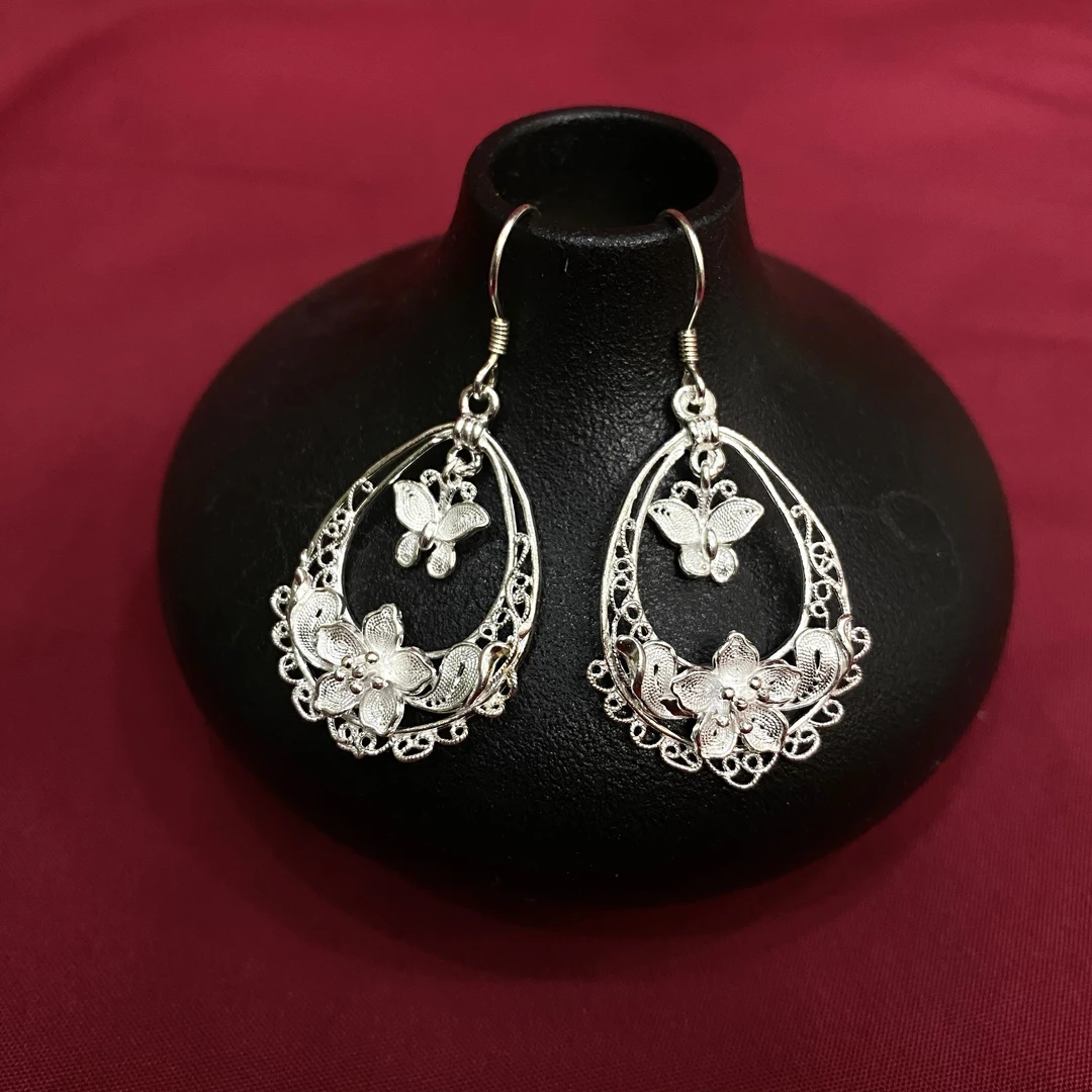 足银耳饰 佰利银饰足银水滴花朵耳坠复古气质古典素款精美纯手工