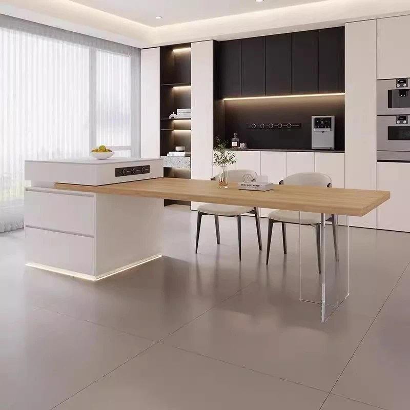 淘之梦原木色岛台餐桌家用极简伸缩一体小户型原木奶油风储物收纳