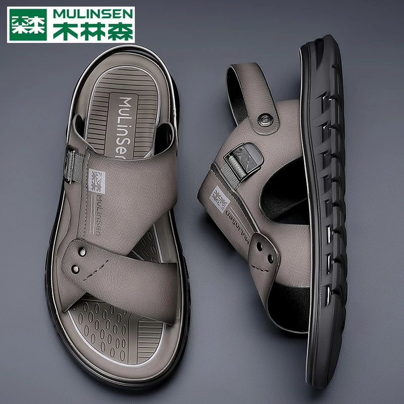 木林森夏季防臭透气鞋固特异沙滩鞋厚底男士大码舒适户外真皮时尚