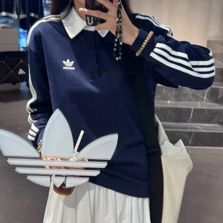 adidas/阿迪达斯新款百搭三条纹舒适运动休闲长袖polo领JY1400