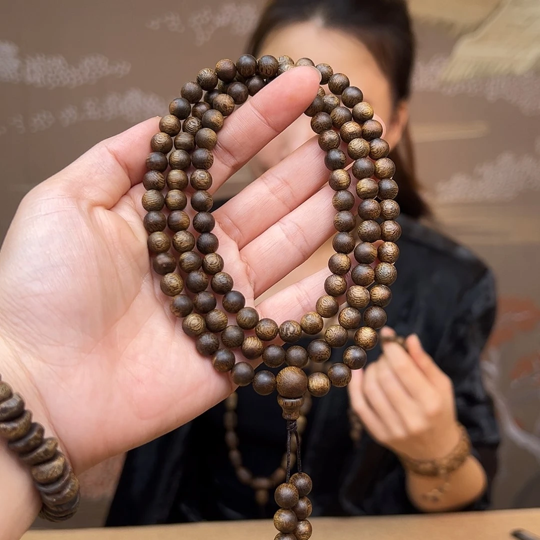 沉香手串海南白奇金丝红油圆珠多圈一条0.7