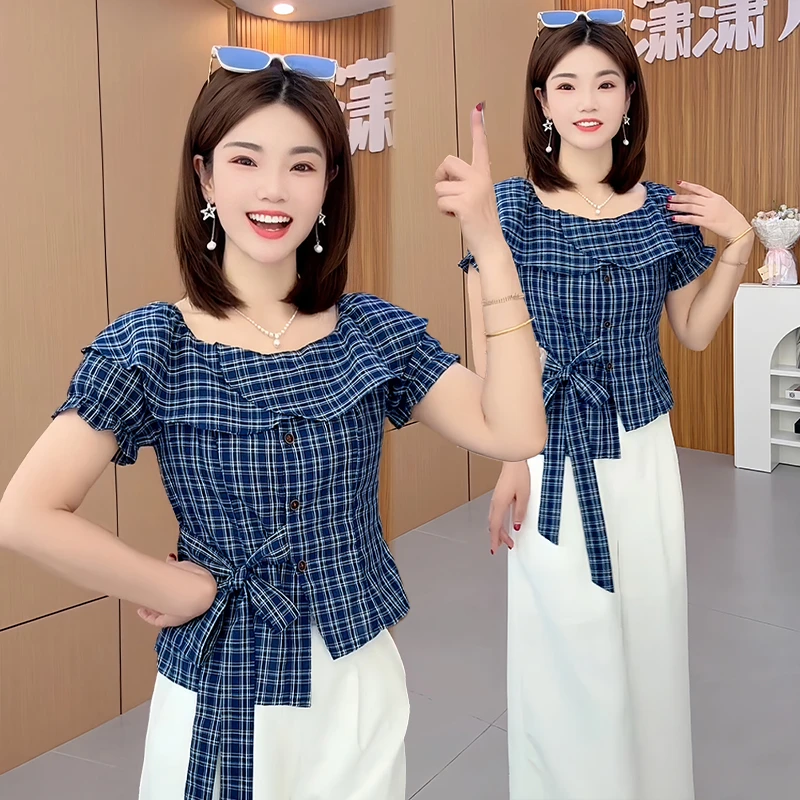 设计感小众休闲套装女2025夏季新款通勤外穿方领上衣阔腿裤两件套