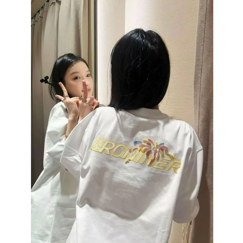 美式高街花卉刺绣正肩t恤女夏季短袖宽松纯棉设计感上衣