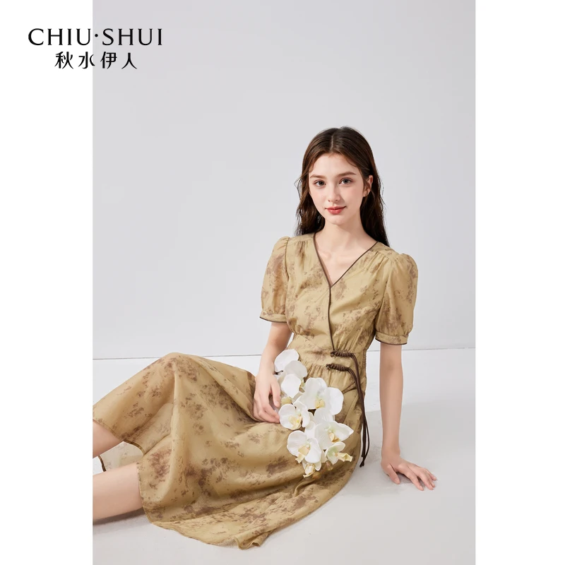 【林一专属】秋水伊人设计感新中式V领连衣裙2024夏新款女国风复古