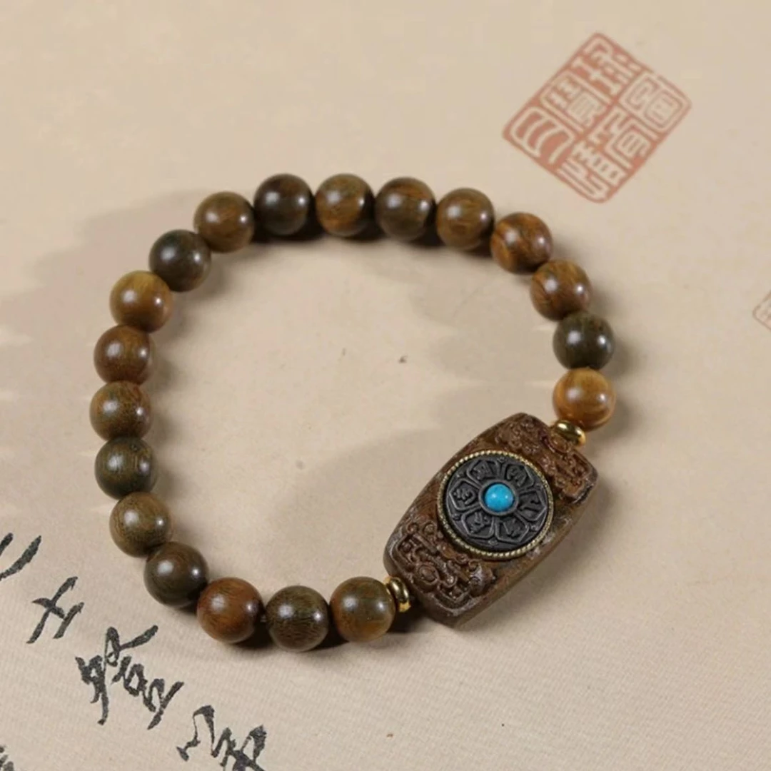 九华山妙音天然檀木绿檀好运六字真言古风手链复古文玩手串
