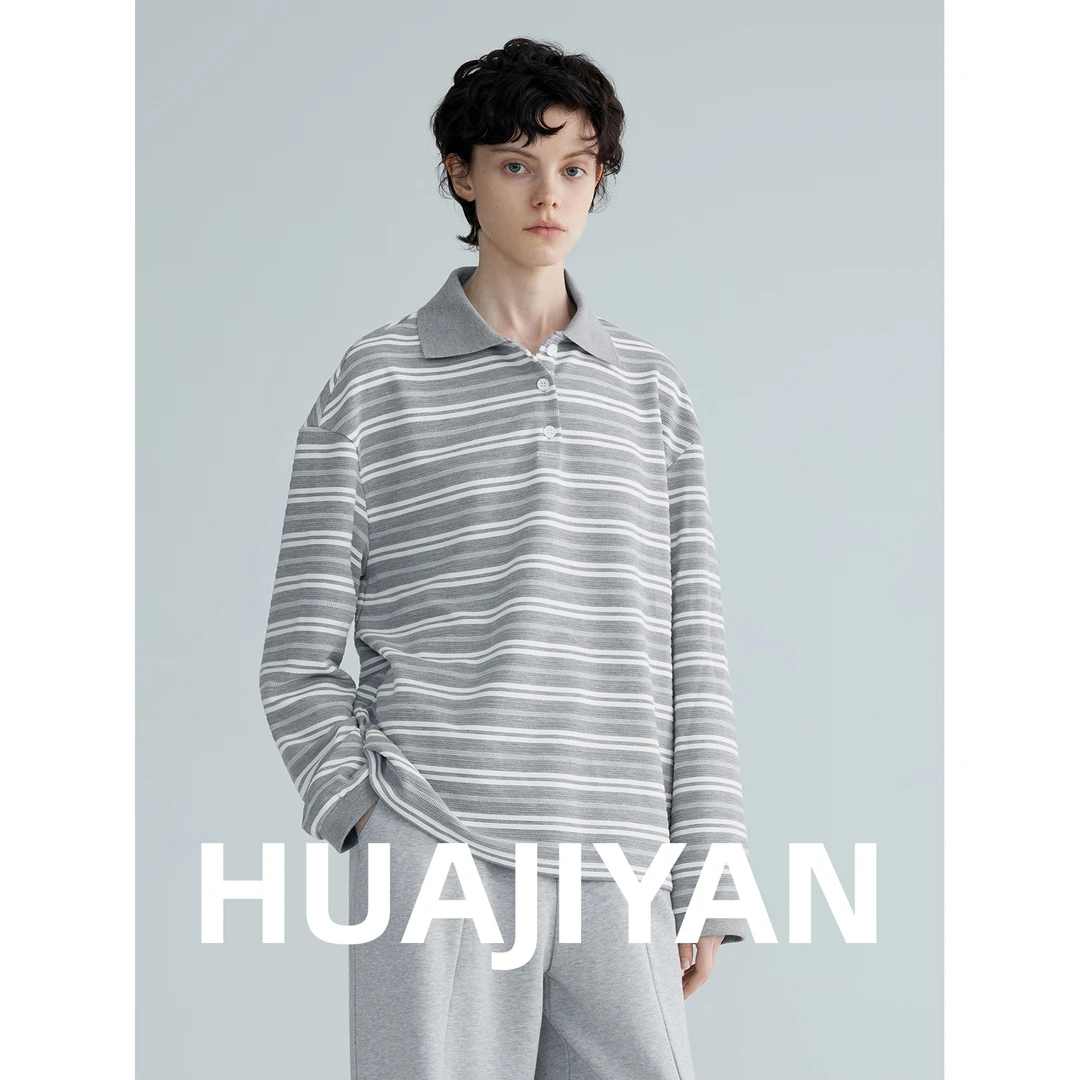 华吉言/HUAJIYAN【灰调】经典舒适立体横条纹polo领长袖上衣
