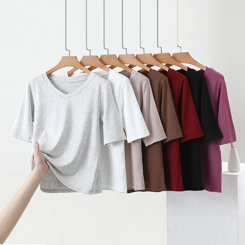 中袖t恤女2025年春夏新款女装V领纯色棉五分袖修身上衣薄款打底衫