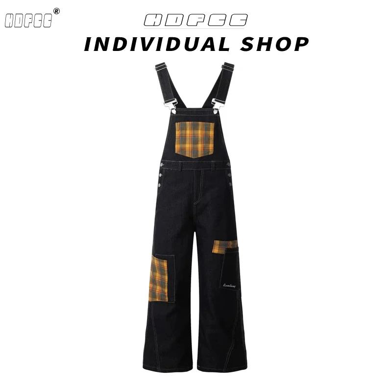 2025今年流行爆款美式复古格子牛仔裤女夏季设计感宽松休闲背带裤