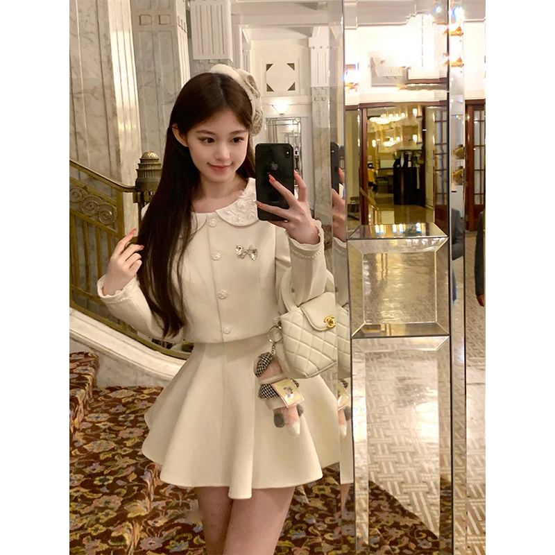 半熟冬日 法式千金风米白上衣+半裙套装女2025秋冬气质新款两件套