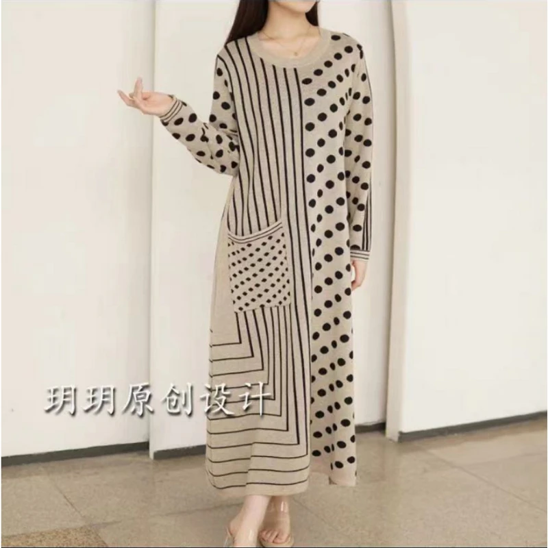 1540波点间色条纹时尚气质设计师秋冬长款提花轻奢宽松针织裙