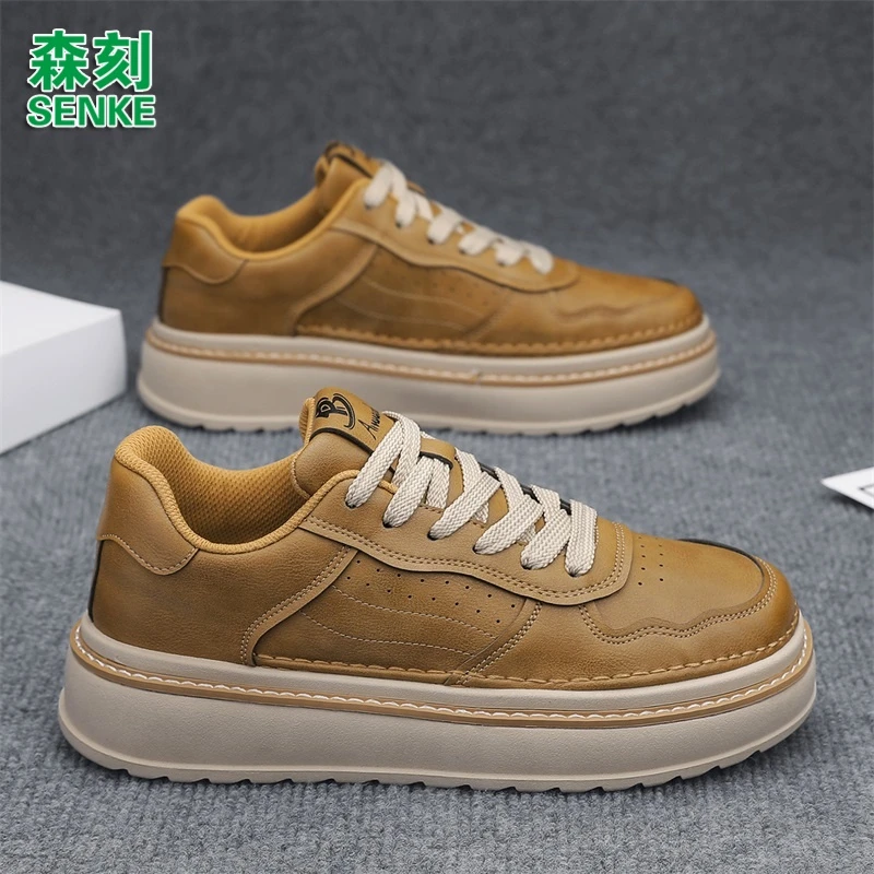森刻男鞋2025秋季新款低帮防滑板鞋青年皮面休闲国潮百搭运动鞋男