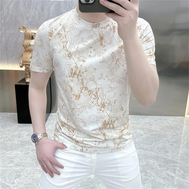 温纽旺夏季潮流时尚印花修身帅气花色圆领短袖男士网红爆款T欧货