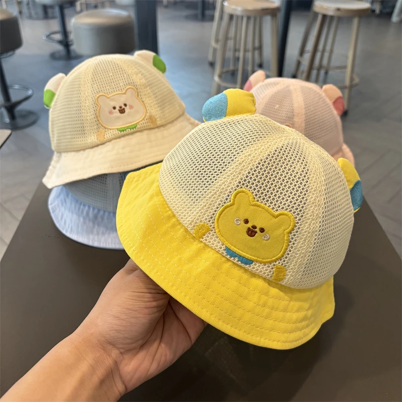 宝宝夏季薄款透气防晒渔夫帽可爱超萌男女宝遮阳帽