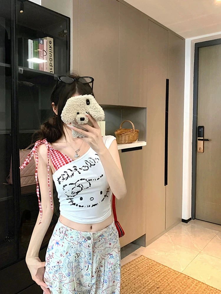 【草莓】甜辣妹kitty印花红色格子拼接短袖T恤女夏季设计感露肩上衣