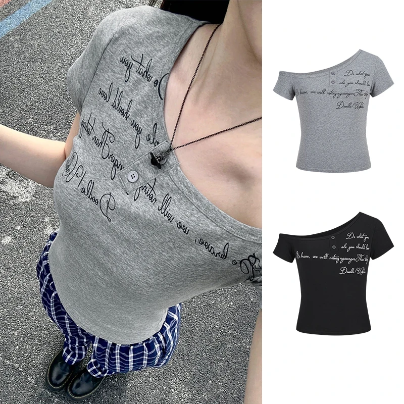 Moses Queen/魔西女王设计感斜领字母印花短袖T恤女辣妹修身上衣