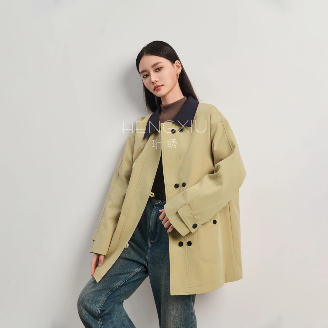 【珩绣】新款工装港风气质时尚百搭撞色翻领拼接外套风衣8801