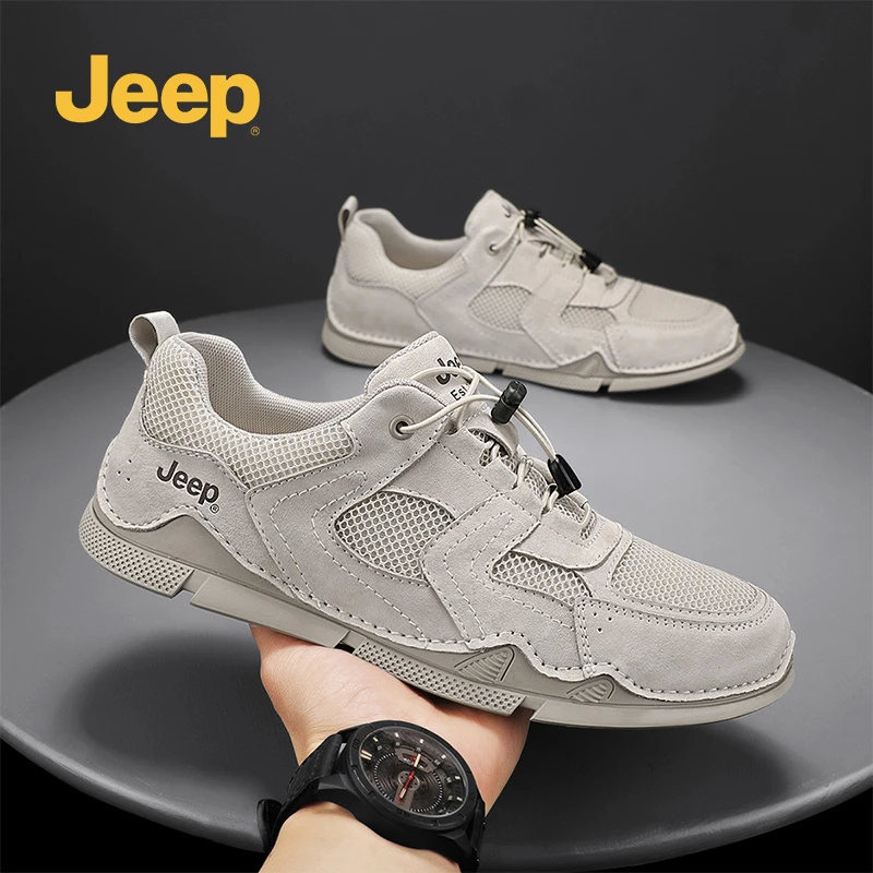 Jeep吉普男鞋透气休闲网鞋2025冬季新款真皮时尚潮流软底徒步潮鞋