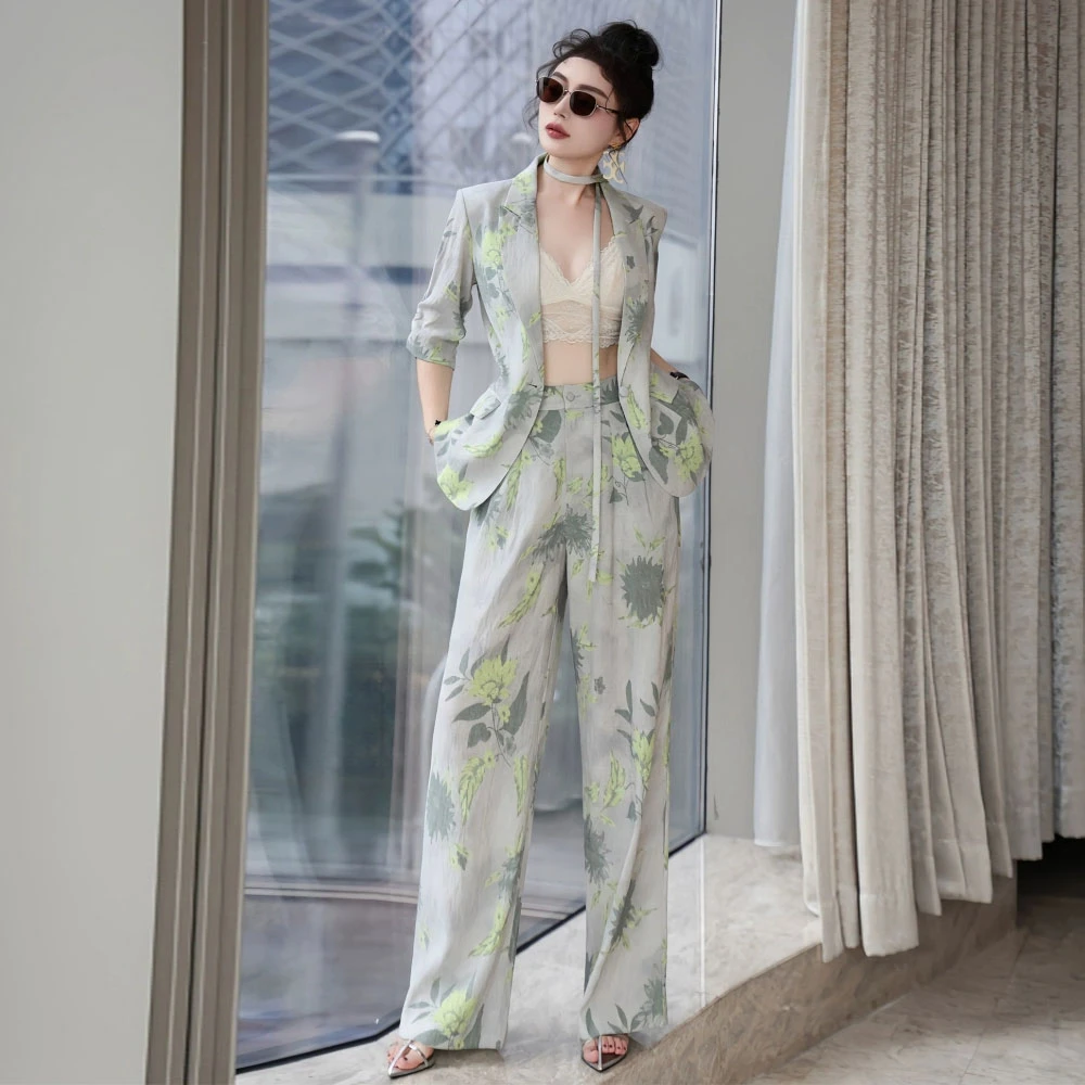 时尚套装女2025夏季度假风印花西服阔腿裤休闲两件套西装气质洋气