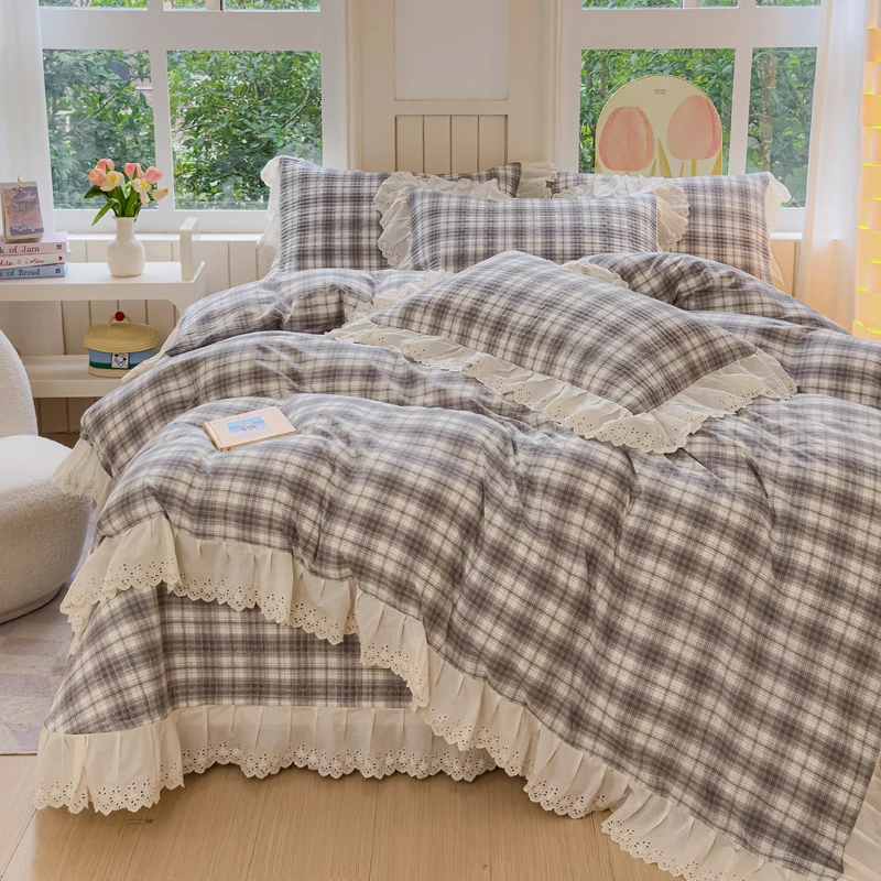 【超级红】可可灰 A类法式全棉色织水洗棉床盖四件套