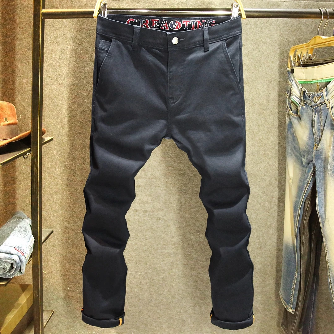 臣吾高端男士休闲裤潮流修身小脚弹力裤子男春夏蓝黑色百搭长裤