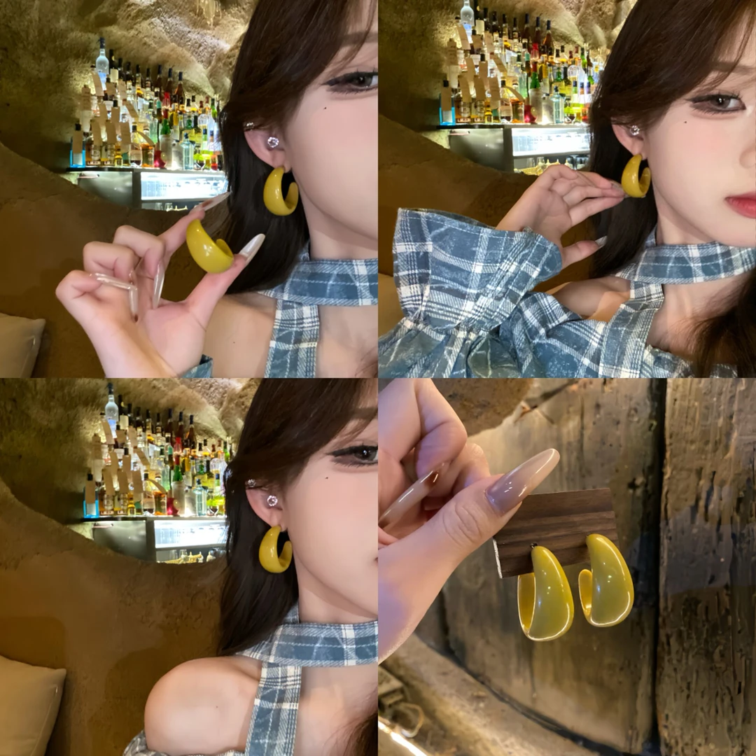 非金属亚克力耳饰 复古港风姜黄色C型耳环女气质简约耳钉夸张耳饰