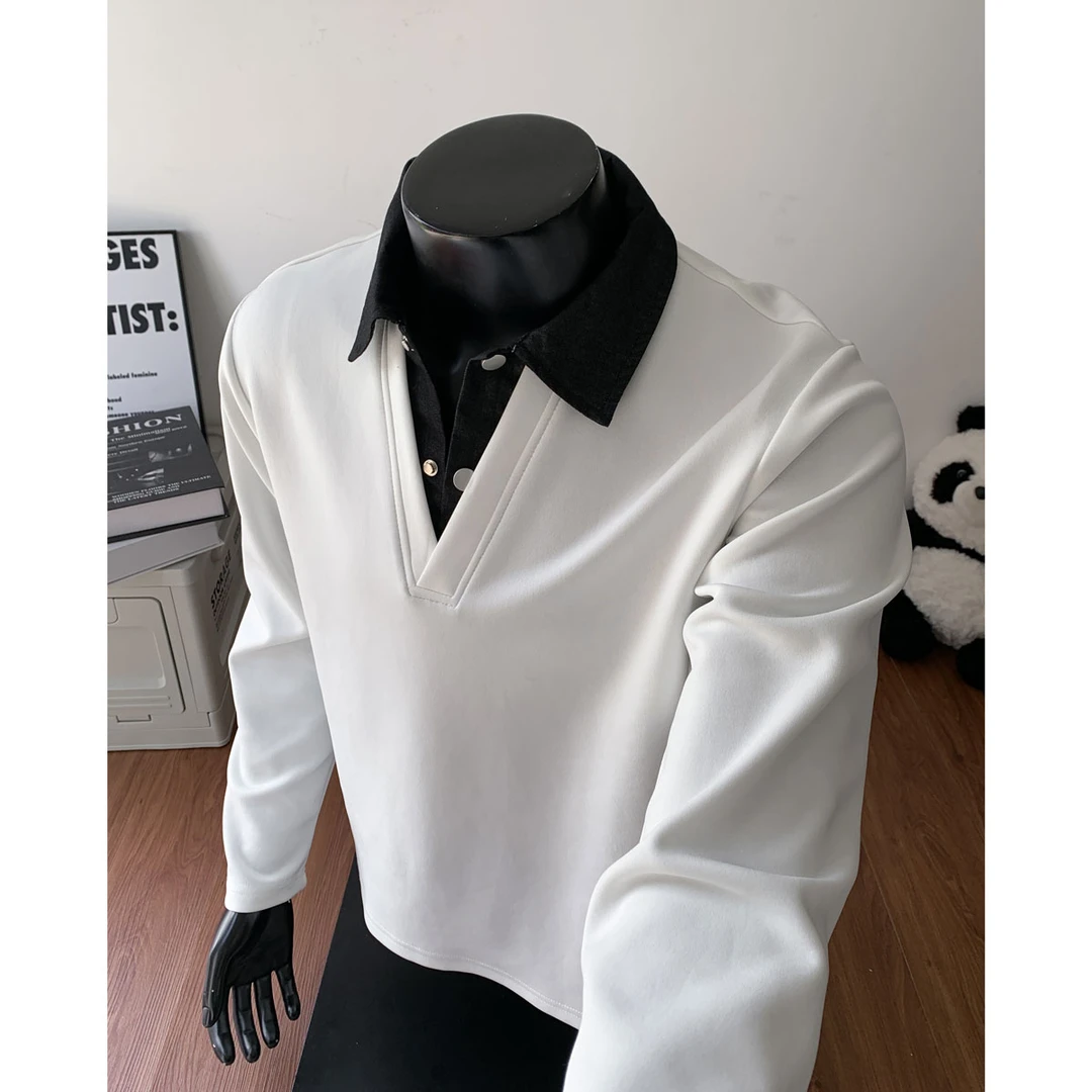 美式长袖Polo衫男秋季高级潮牌拼色衬衫领假两件上衣正肩V领外套