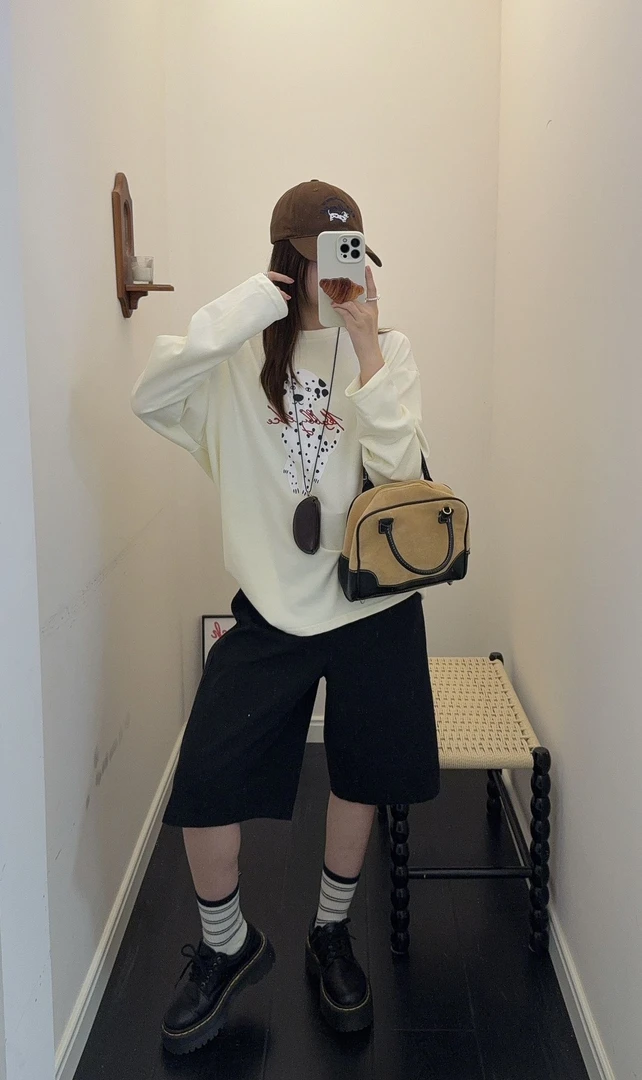程程甄选  婧仪同款韩系卡通斑点狗长袖厚打底休闲T恤1013