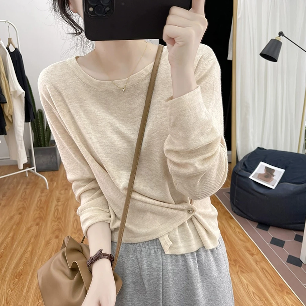 秋冬新款短款长袖针织衫女圆领设计感小众打底上衣复古独特毛衣潮