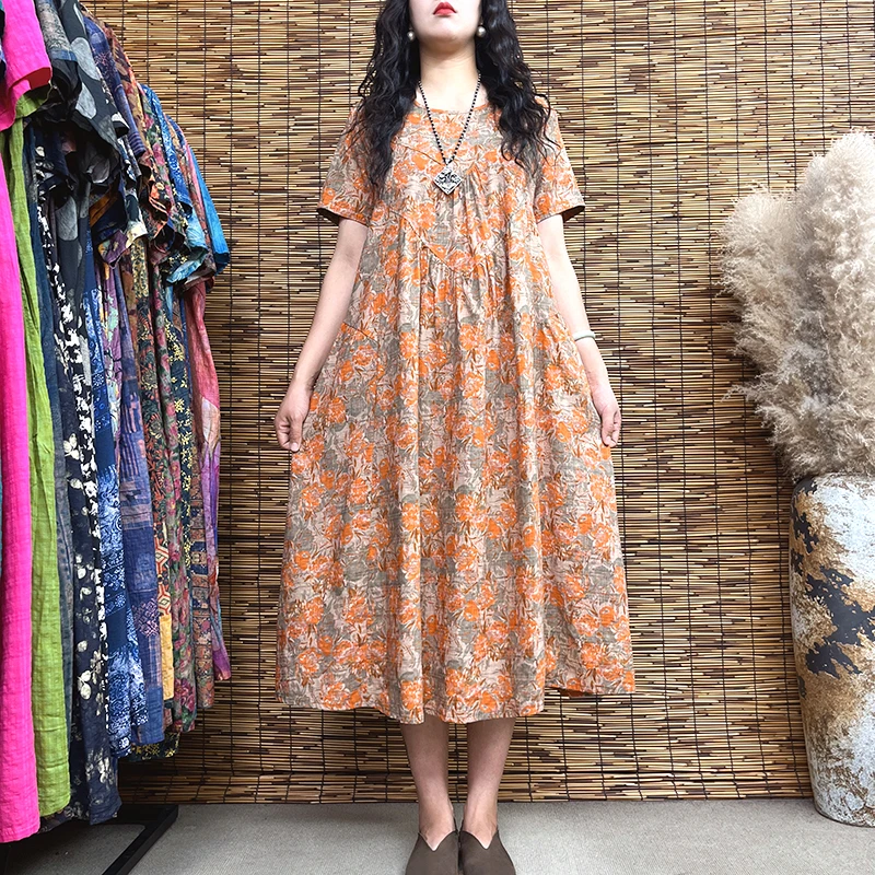 2969夏季文艺复古中长款圆领倒三角宽松休闲大裙摆洋气印花连衣裙