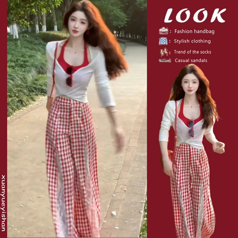 韩系套装女夏季2025新款时尚缕空防晒罩衫吊带背心裤子三件套