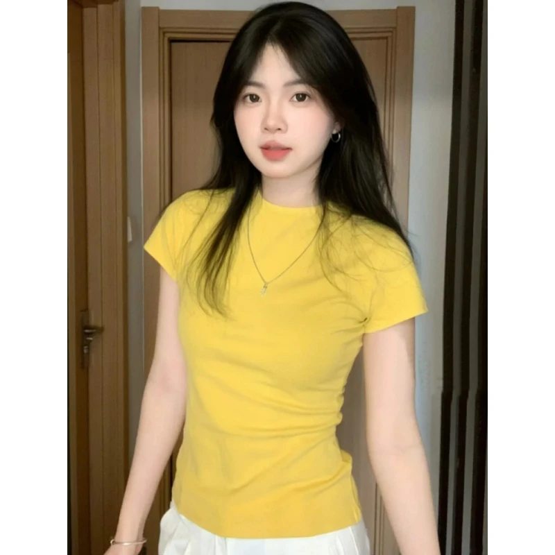 美式复古辣妹圆领打底衫上衣女夏季收腰纯欲内搭短袖显瘦上衣T恤