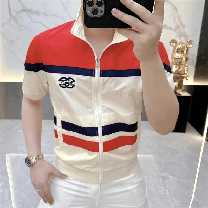 欧货轻奢高级感男装短袖T恤时尚百搭半袖拉链条纹印花立领上衣潮