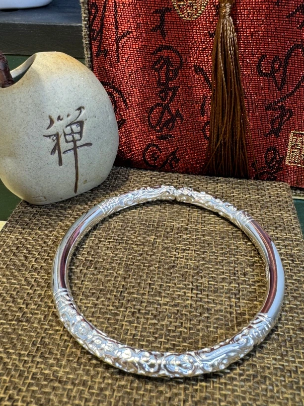 足银手镯 金箍棒银手镯开口亮面手工雕刻时尚气质