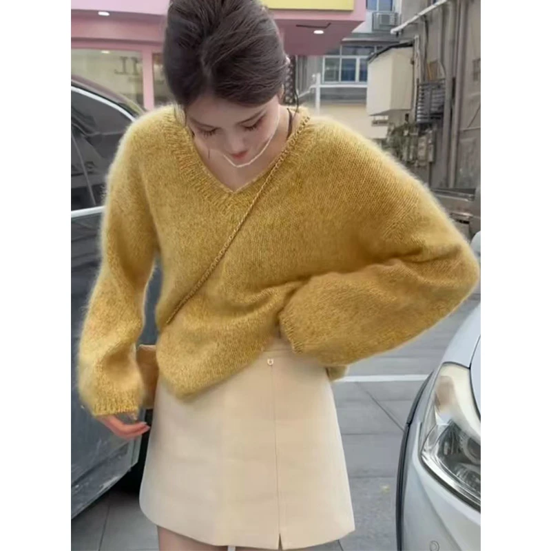 稻香」亮片金闪闪~秋冬新款简约V领休闲宽松慵懒风针织衫毛衣-5590