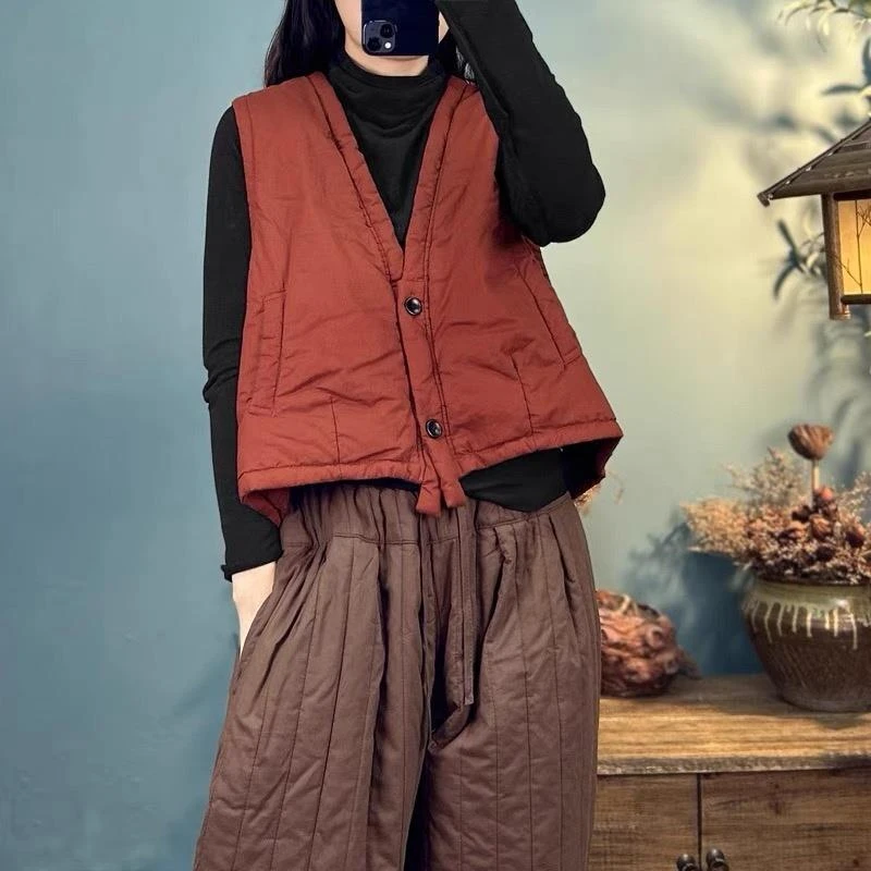 专柜商场撤回民族风V领棉麻马甲背心女无袖夹棉女装洋气时髦气质