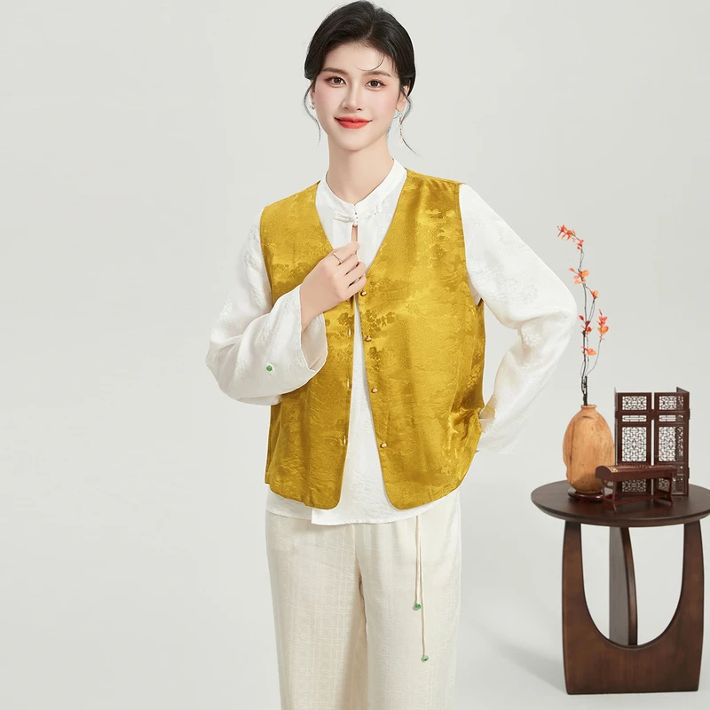 【桑蚕丝提花国风马甲】夏季门襟纽扣开衫背心女式马夹 W8A32545