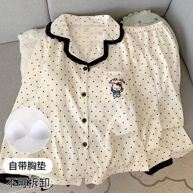 【胸垫版】轻奢贵妇风黑色花边KT猫带胸垫睡衣女款春秋季长袖家居服