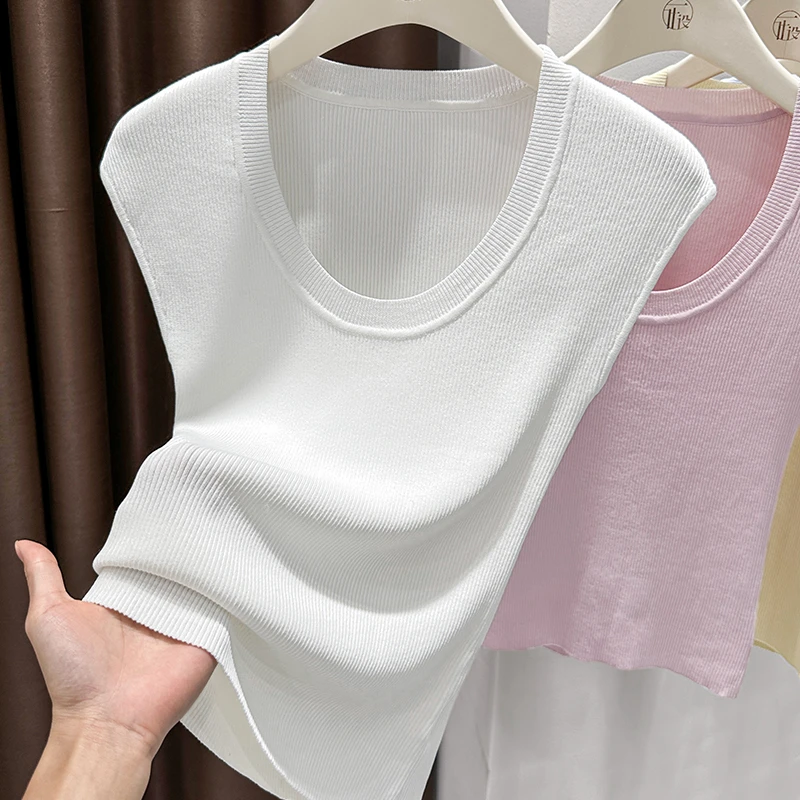 白色大U领冰丝针织短袖T恤2025夏季新款气质百搭薄款修身显瘦上衣