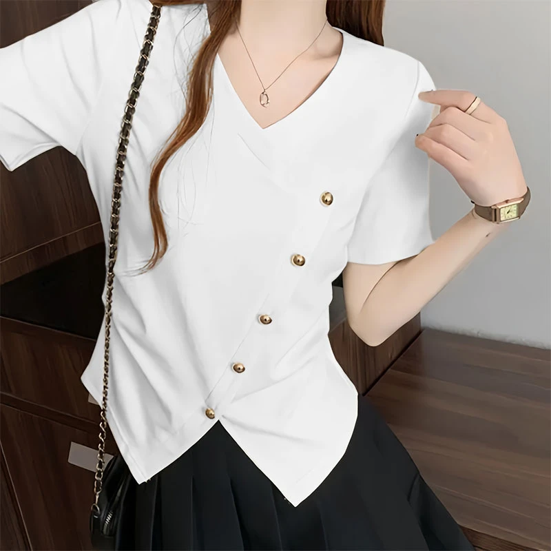 2025夏季简约ins显瘦不规则正肩辣妹风V领设计短袖女上衣T恤气质