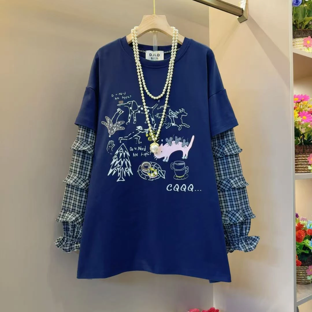 学院风小众印花木耳边拼接假两件打底T恤衫衣长74左右