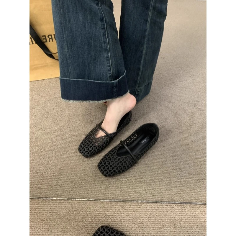 法式方头镂空编织单鞋女2025新款一字带软底浅口透气罗马平底凉鞋
